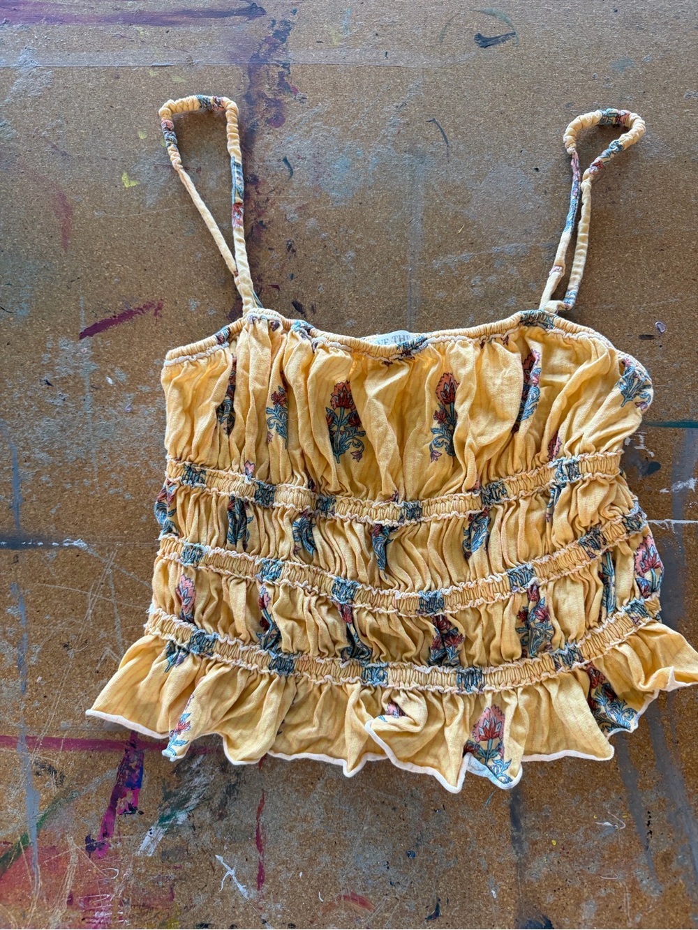 We The Free Yellow Floral Smocked Cropped Cami